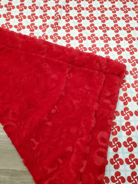 Classic Red Lauburu on  Red Minky Blanket (Made to Order)