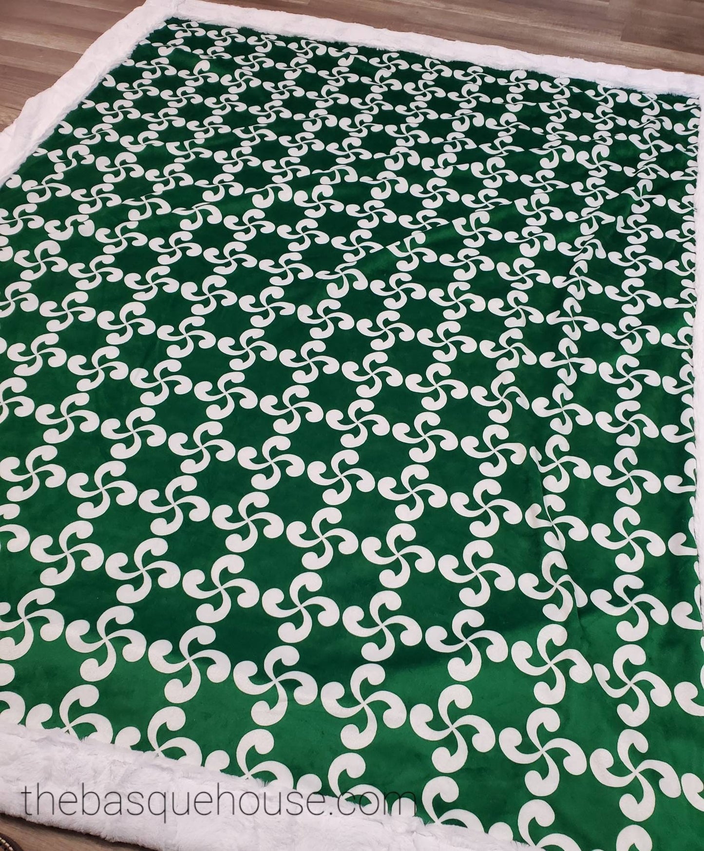 Airy White Lauburu on Green Minky (Made to Order)